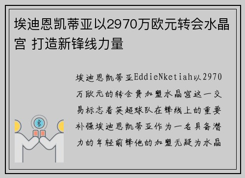 埃迪恩凯蒂亚以2970万欧元转会水晶宫 打造新锋线力量 埃迪恩凯蒂亚以2970万欧元转会水晶宫 打造新锋线力量